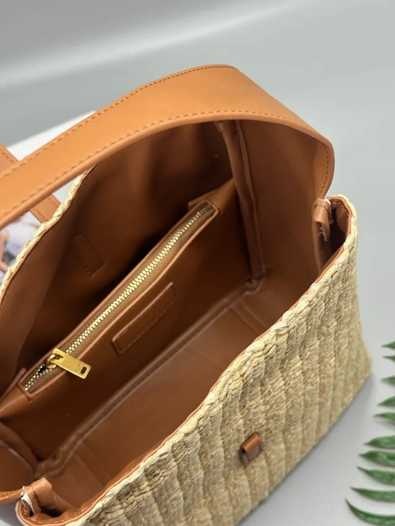 YSL Beige Woven Straw Shoulder Bag with Brown Leather - Image 7