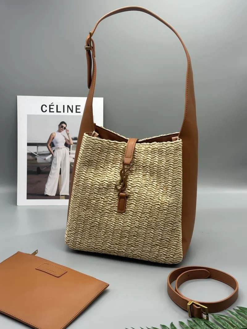 YSL Beige Woven Straw Shoulder Bag with Brown Leather - Image 8