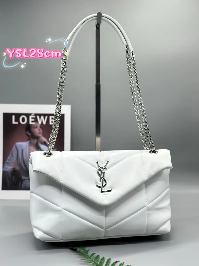 YSL White 28cm Quilted Chain Shoulder Bag