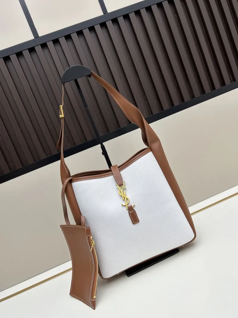 YSL White Brown Canvas Leather Top Handle Bag 613