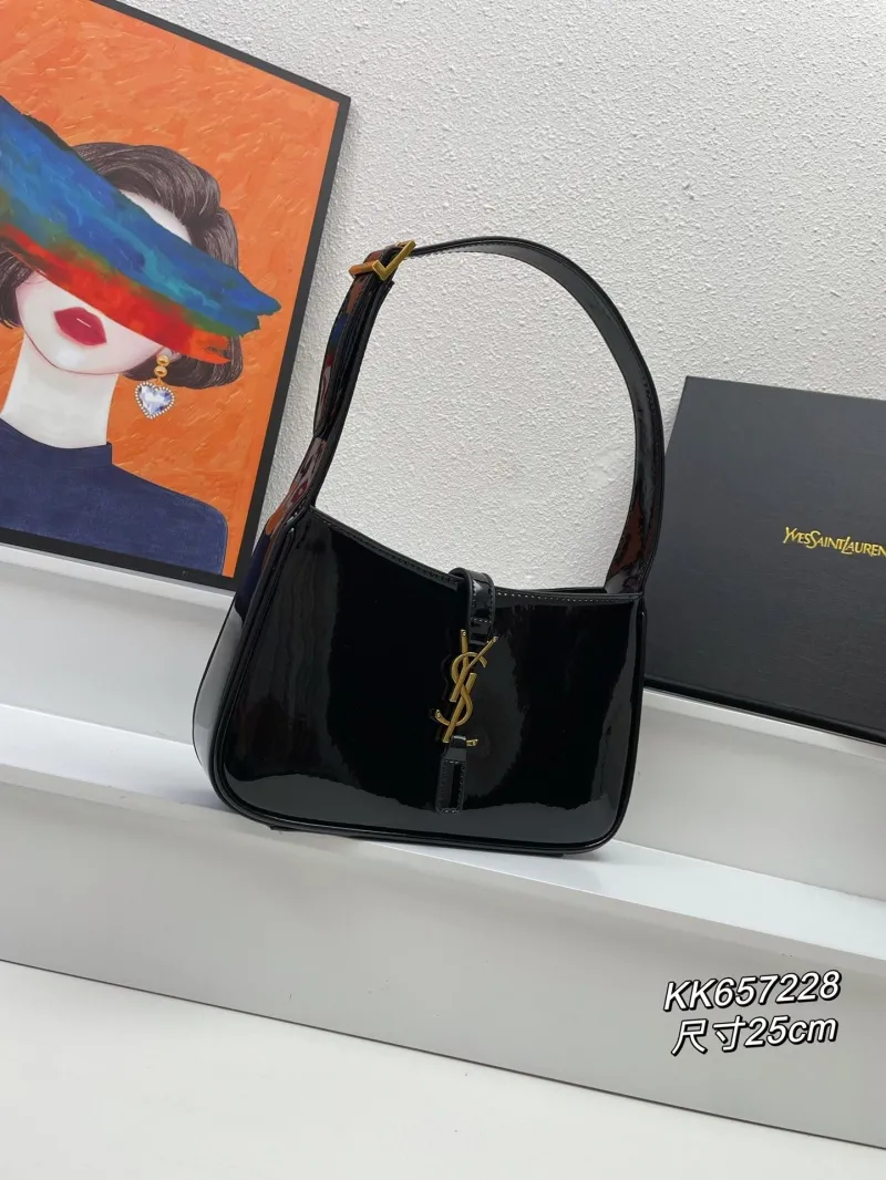 Alternative view of YSL Black Patent Leather Hobo Bag KK657228 Size 25cm