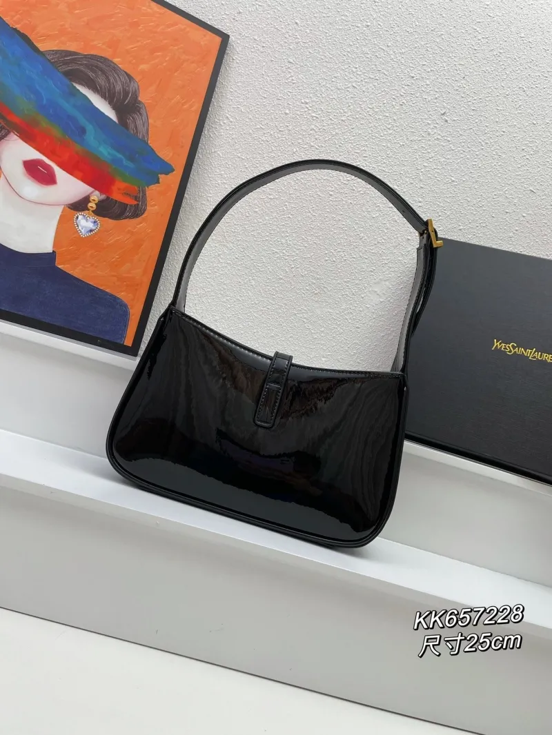YSL Black Patent Leather Hobo Bag KK657228 Size 25cm - Image 3
