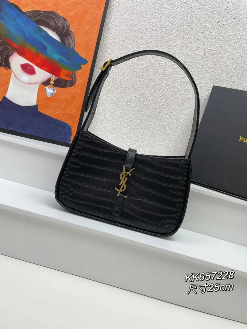 YSL Black Croc Embossed Shoulder Bag Size 25cm KK657228