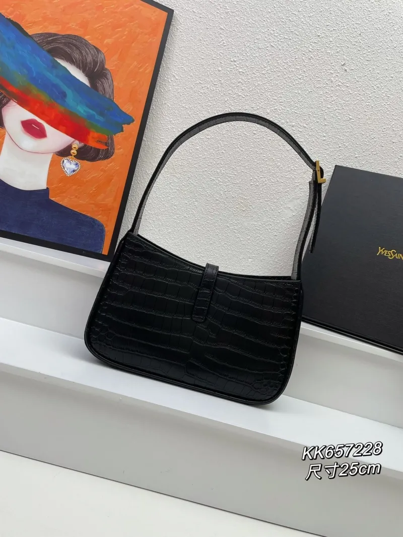 YSL Black Croc Embossed Shoulder Bag Size 25cm KK657228 - Image 3
