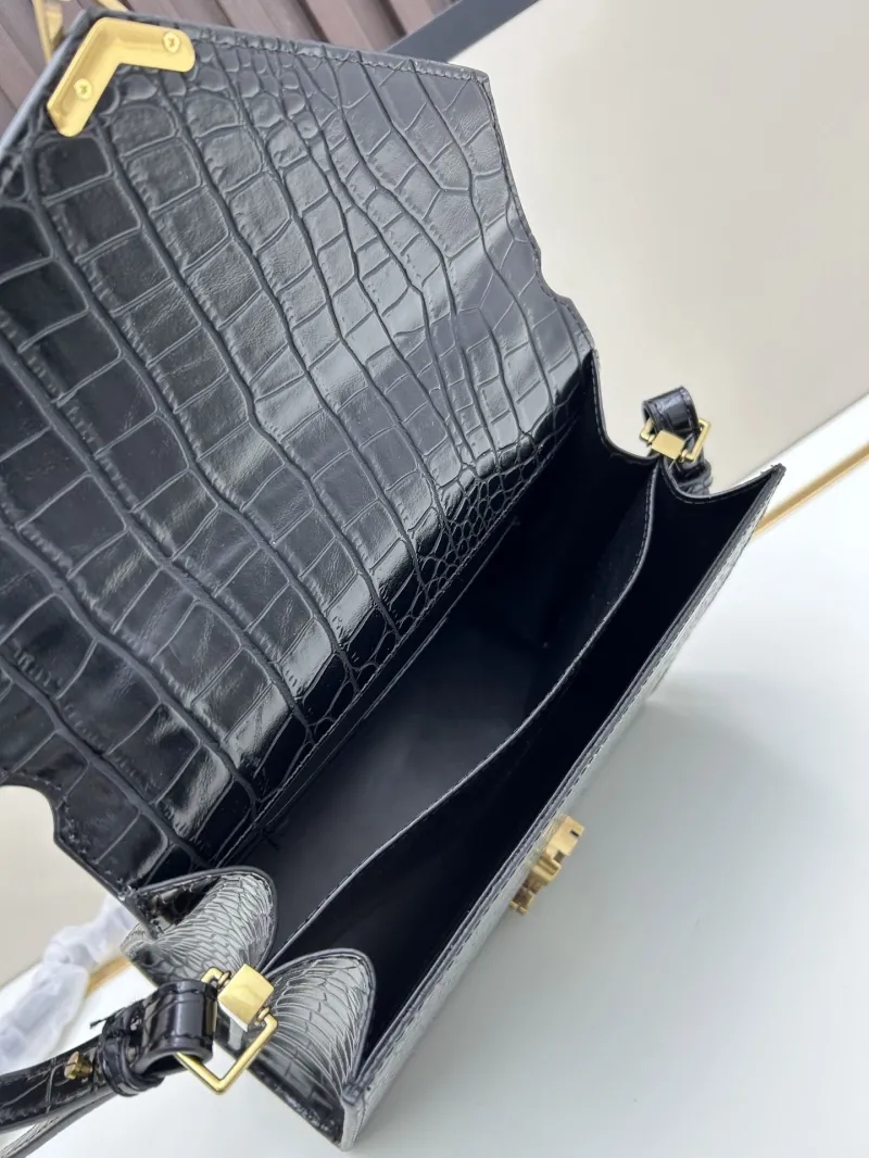 YSL Black Croc Embossed Top Handle Bag 6105 - Image 7