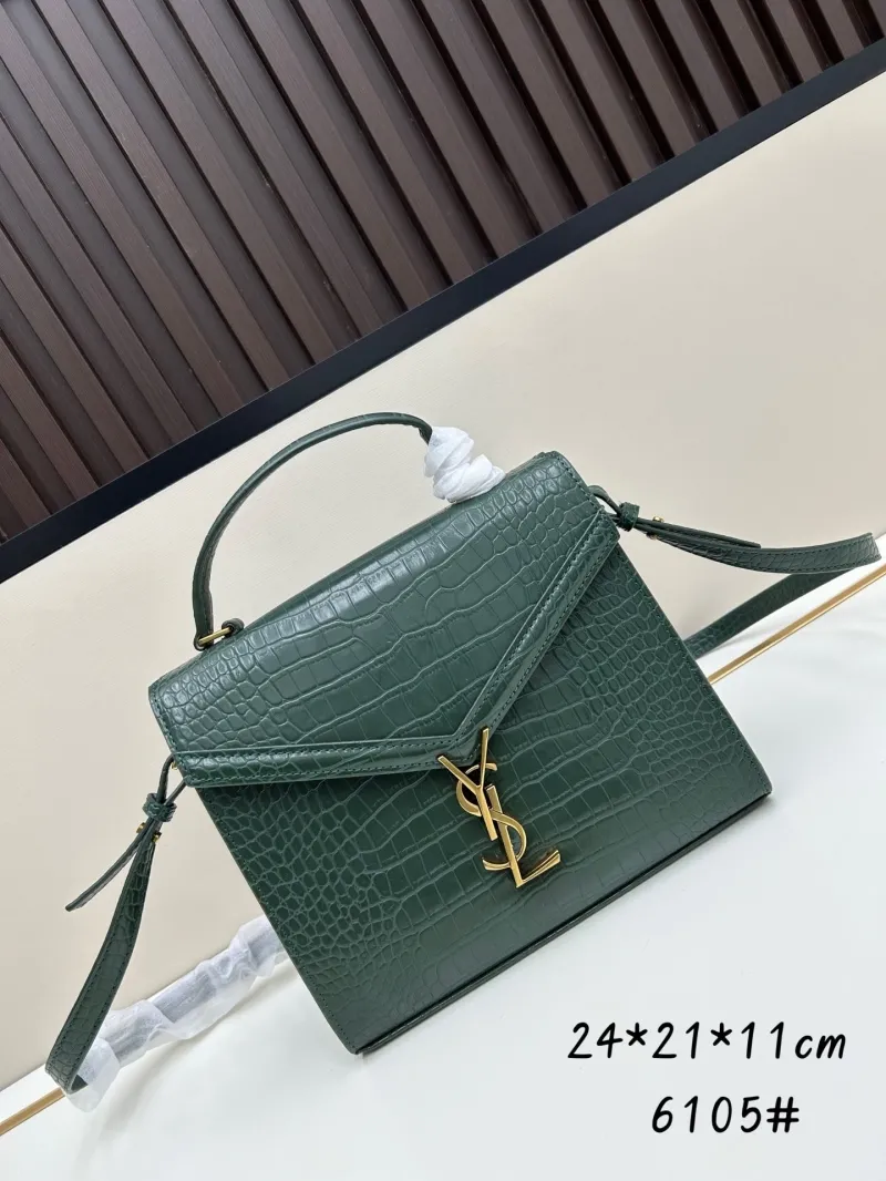 YSL Green Croc Embossed Top Handle Bag 6105