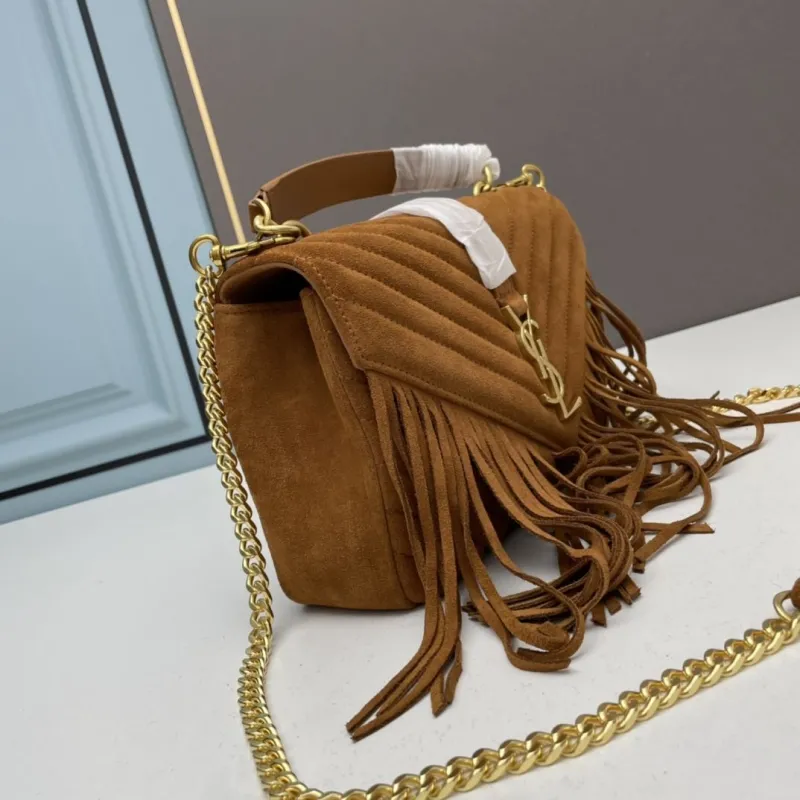 YSL Brown Suede Fringe Top Handle Bag 681 - Image 3