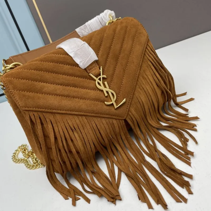 YSL Brown Suede Fringe Top Handle Bag 681 - Image 4