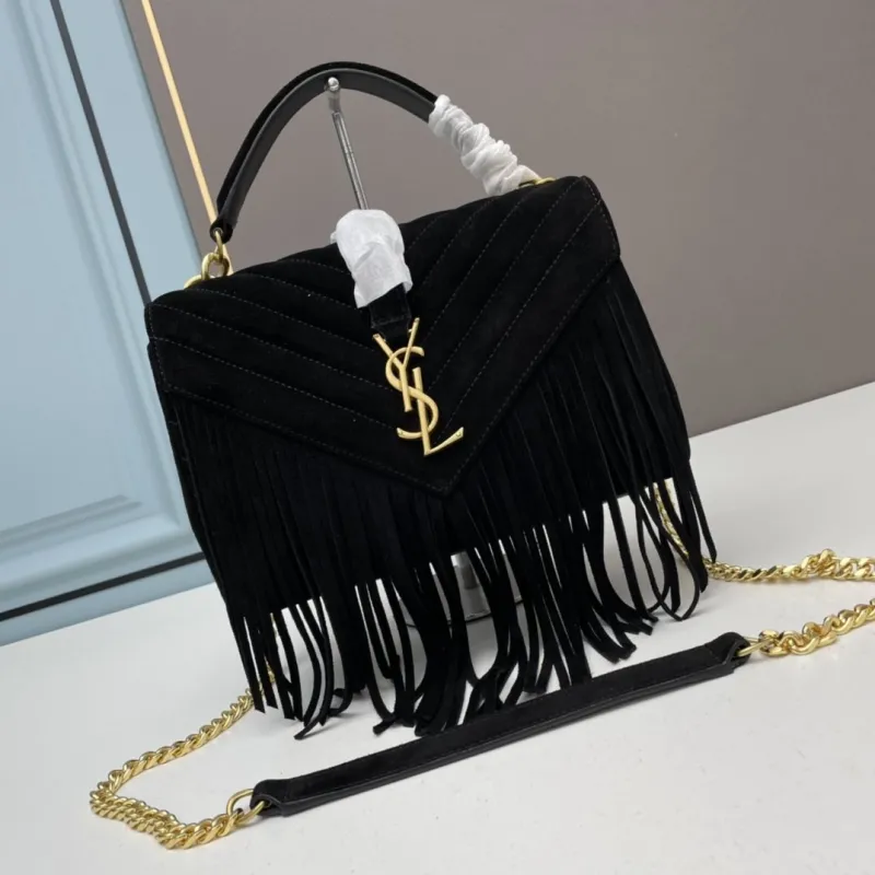 YSL Black Suede Fringe Top Handle Bag 682