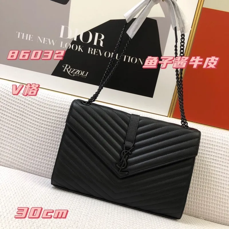 YSL Black Caviar Leather V-Quilted Chain Shoulder Bag 86032 30cm