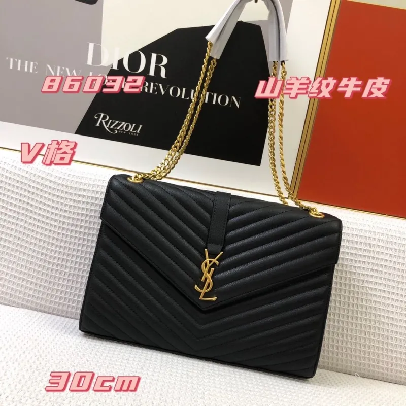 YSL Black Chevron Grained Leather Chain Shoulder Bag 30cm 86032