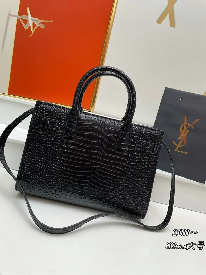 Alternative view of YSL 6011 Black Croc Embossed Top Handle Bag 32cm Large