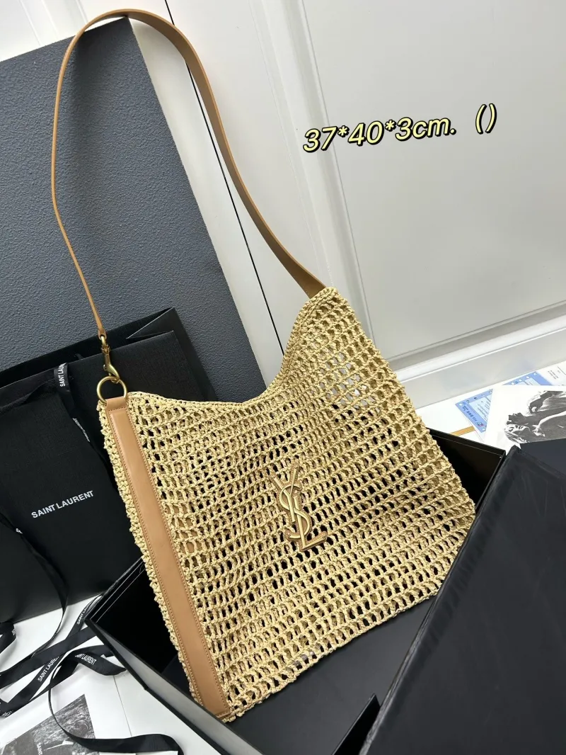 YSL Beige Raffia Hobo Shoulder Bag