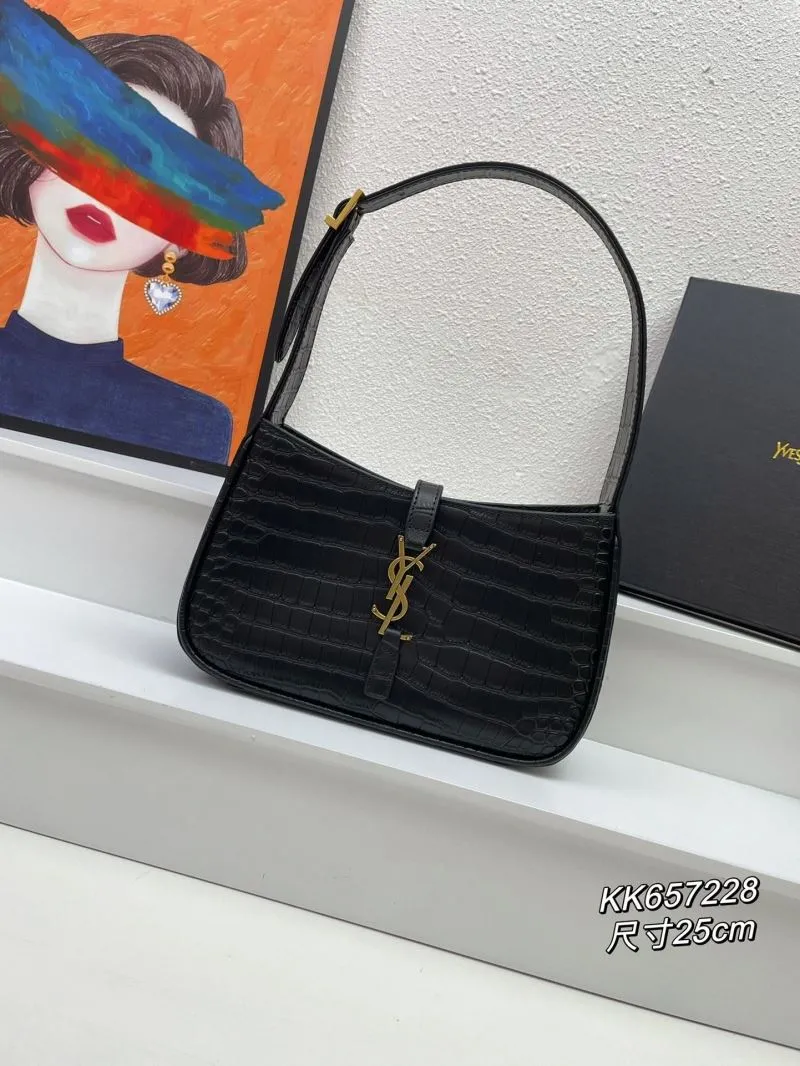 YSL Black Croc Embossed Shoulder Bag KK657228 Size 25cm