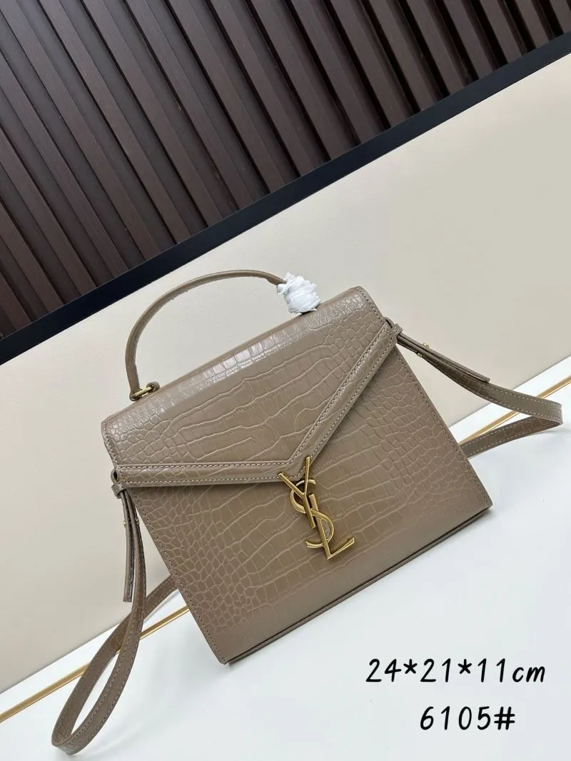 YSL Taupe Croc Embossed Top Handle Crossbody Bag 6105