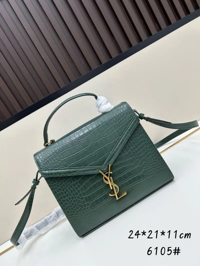 YSL Croc Embossed Dark Green Top Handle Bag 6105