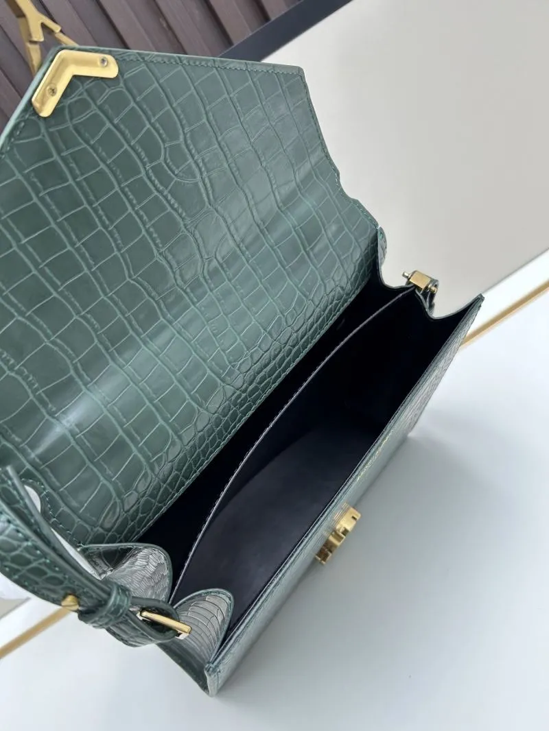 YSL Croc Embossed Dark Green Top Handle Bag 6105 - Image 7