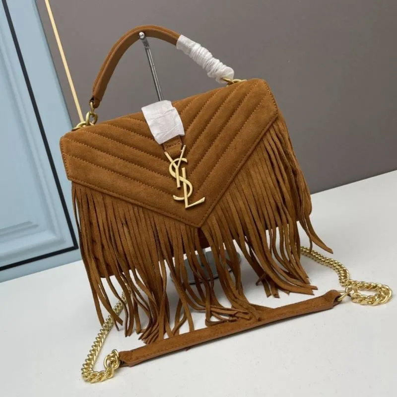 YSL Brown Suede Fringe Top Handle Bag 864