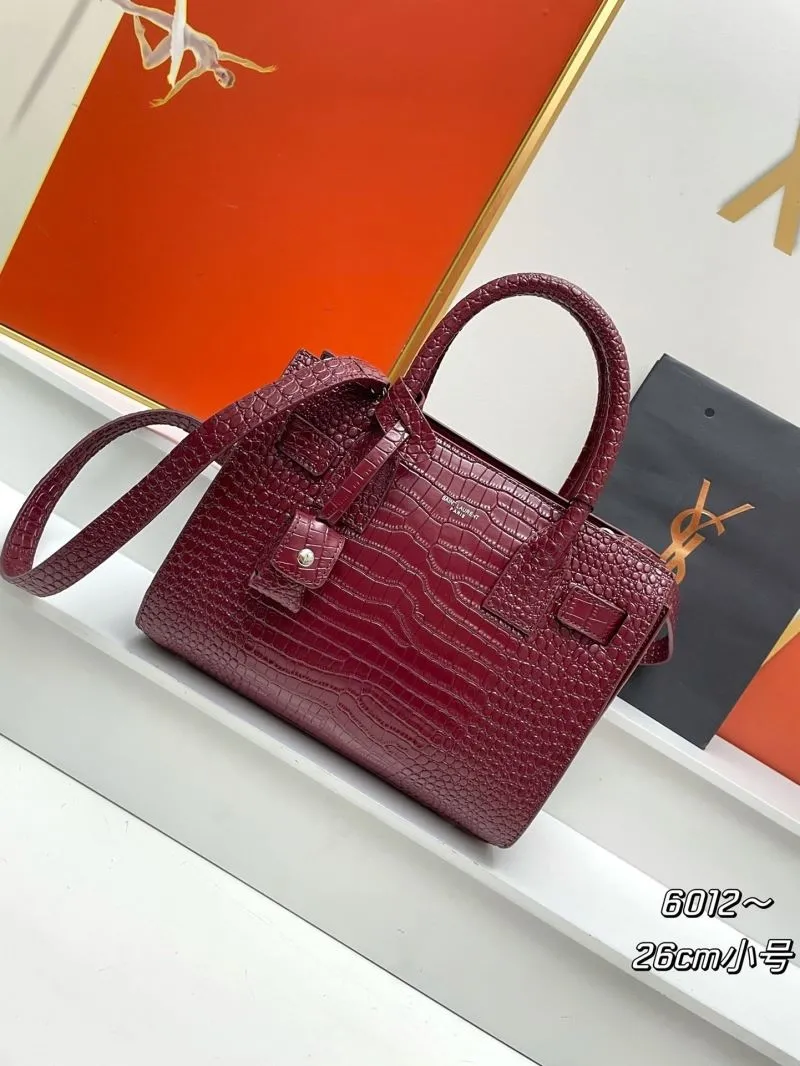 YSL 6012 Burgundy Croc Embossed Small 26cm Top Handle Bag