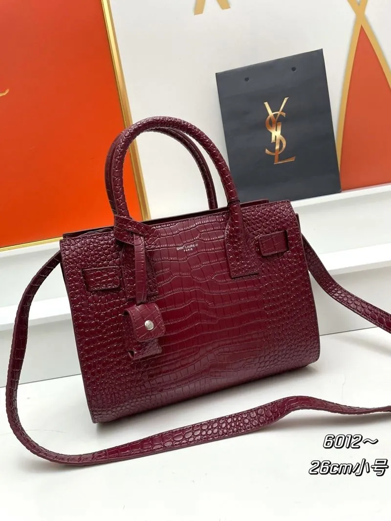 YSL 6012 Burgundy Croc Embossed Small 26cm Top Handle Bag - Image 3