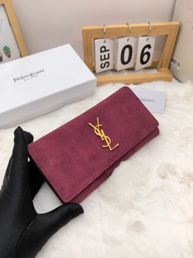 Yves Saint Laurent Suede Long Wallet Burgundy - Image 4