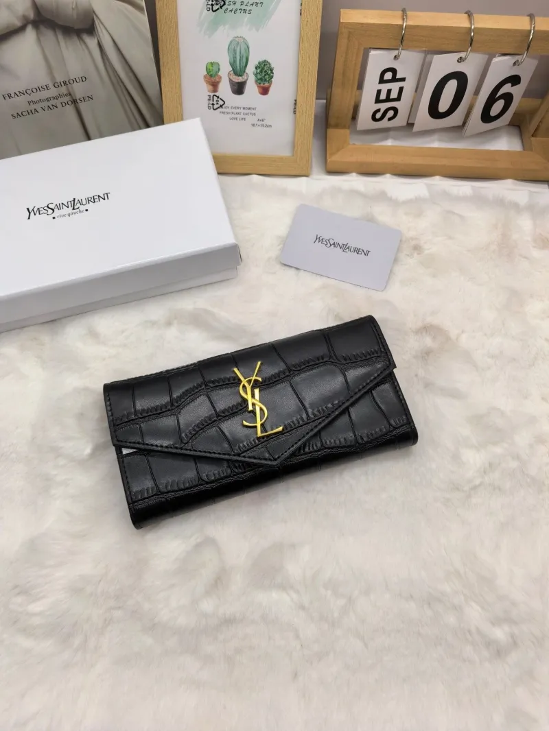 Yves Saint Laurent Black Crocodile Embossed Long Wallet