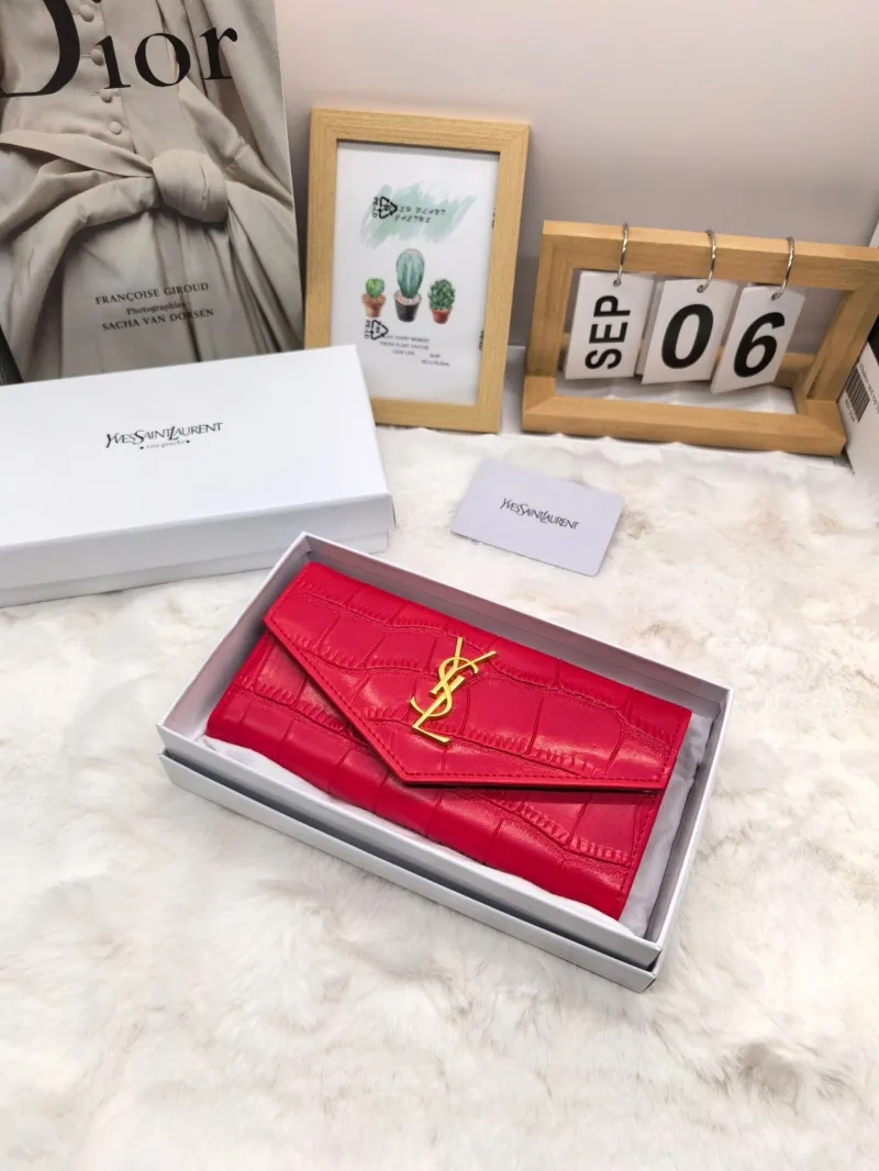 YSL Red Crocodile Embossed Long Wallet