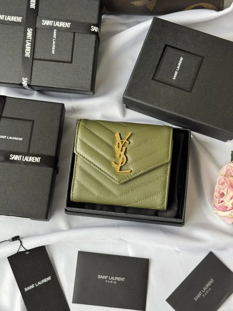 Saint Laurent Olive Green Quilted Compact Wallet