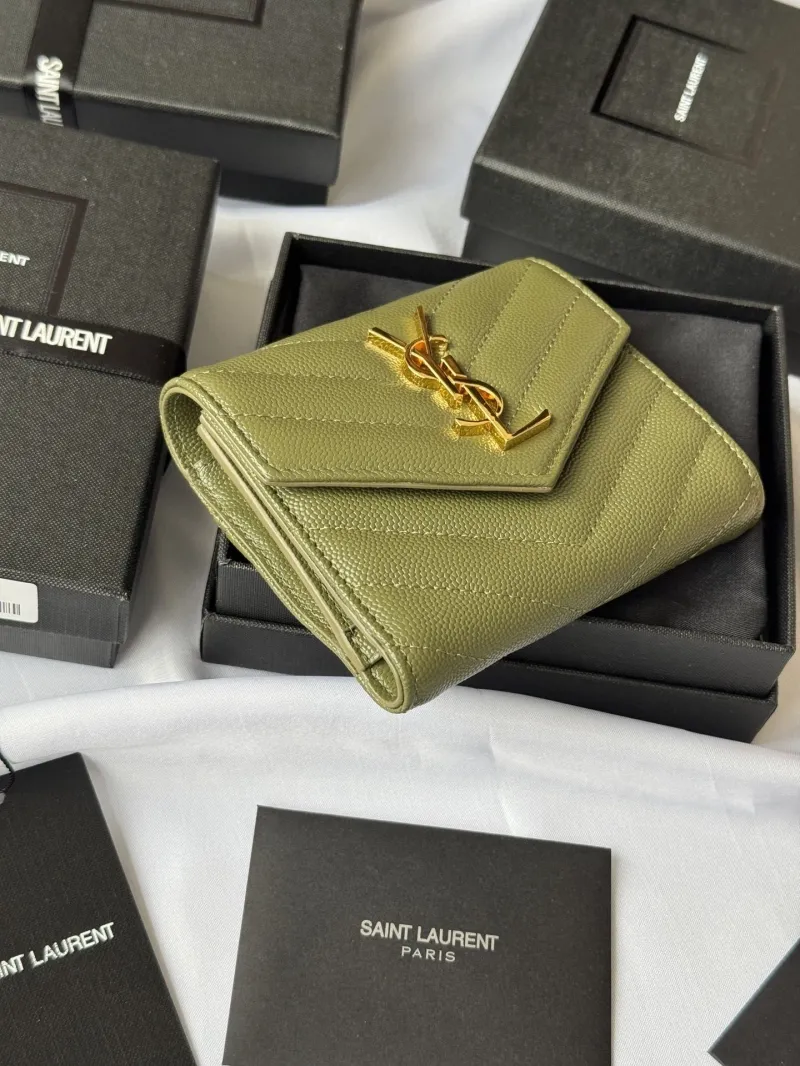 Saint Laurent Olive Green Quilted Compact Wallet - Image 3
