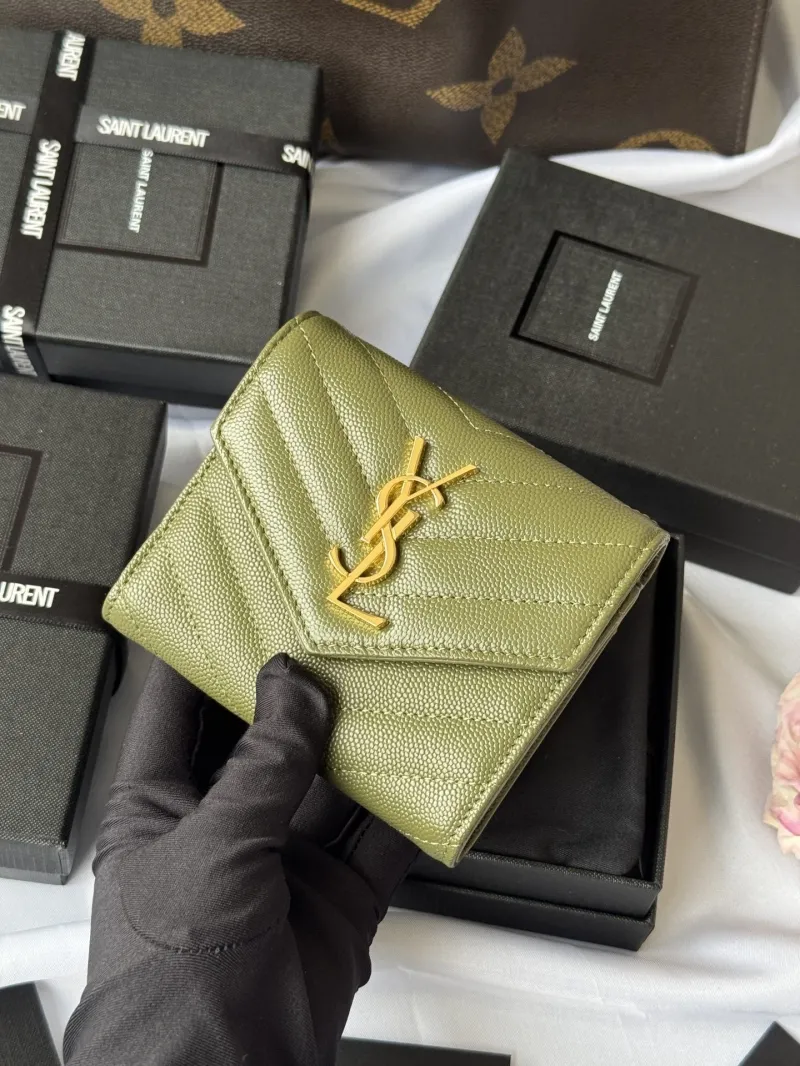 Saint Laurent Olive Green Quilted Compact Wallet - Image 4