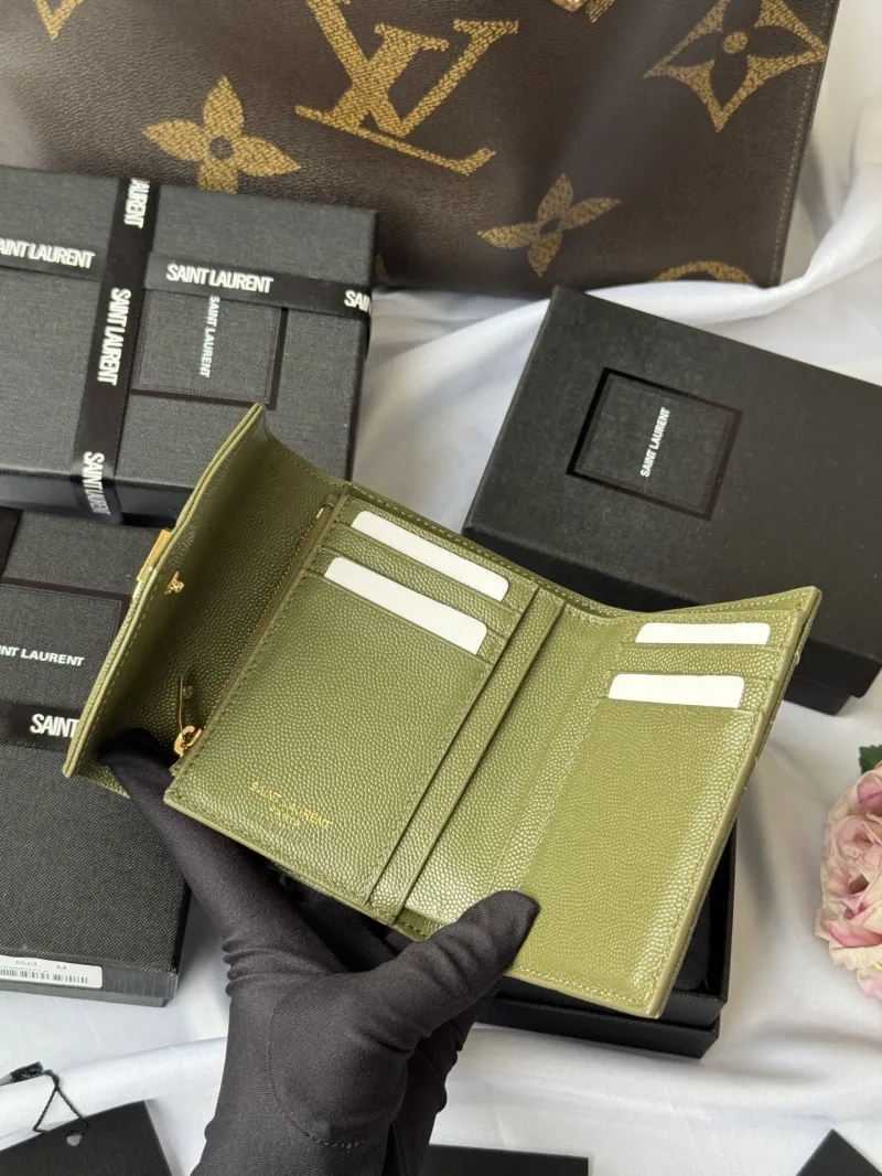 Saint Laurent Olive Green Quilted Compact Wallet - Image 5
