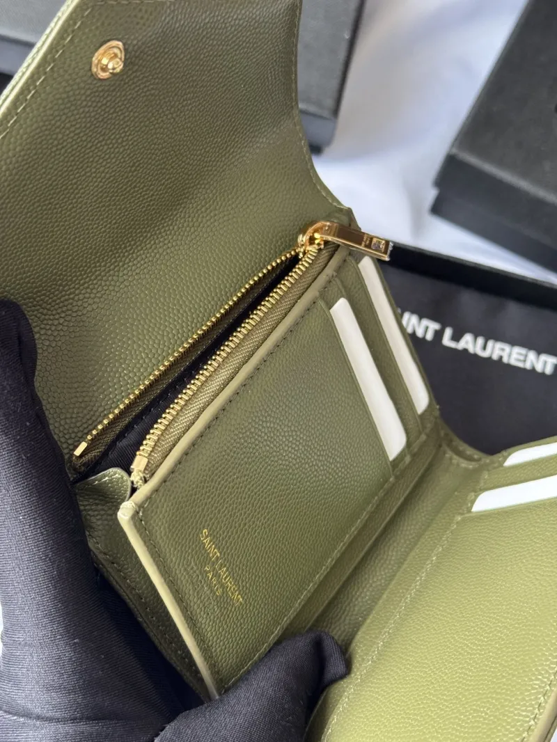 Saint Laurent Olive Green Quilted Compact Wallet - Image 6