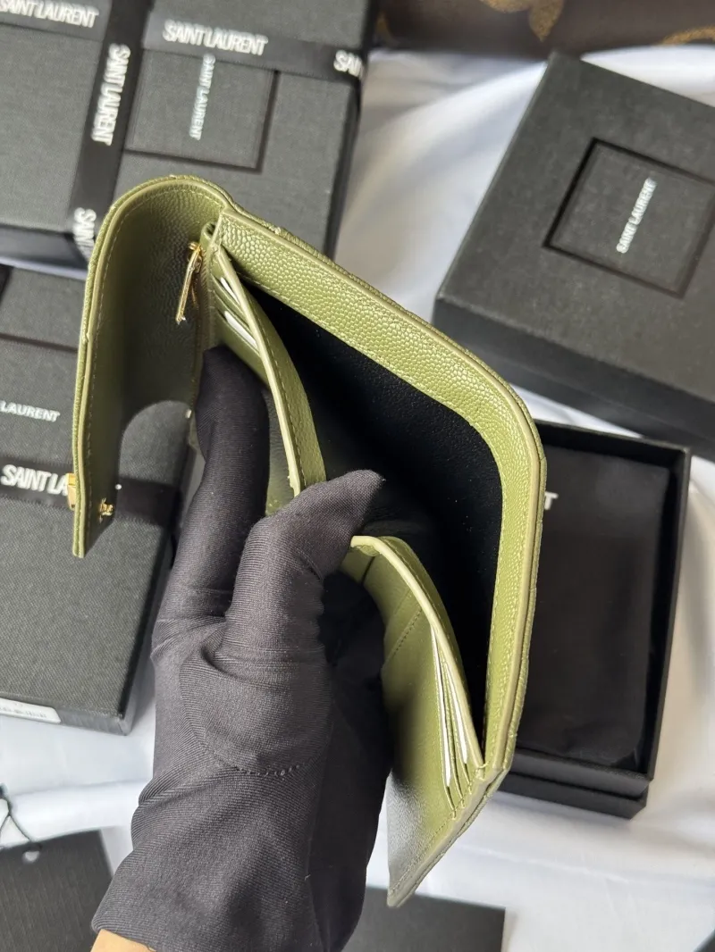 Saint Laurent Olive Green Quilted Compact Wallet - Image 7