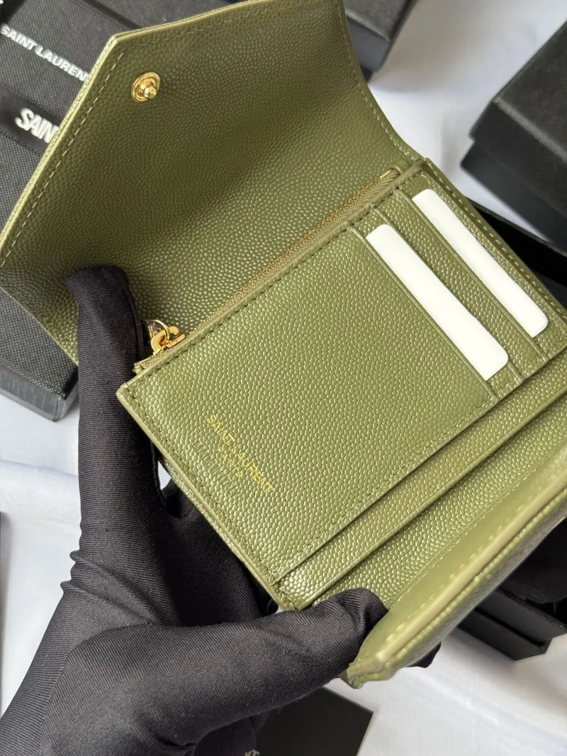 Saint Laurent Olive Green Quilted Compact Wallet - Image 8