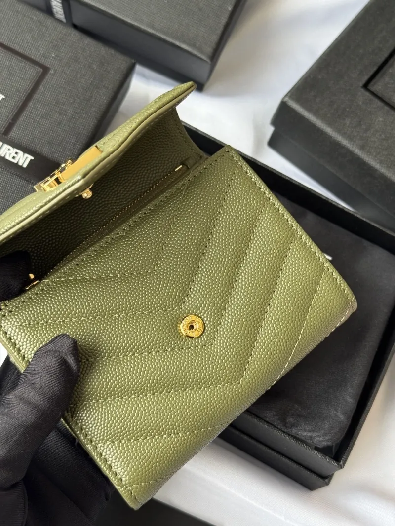 Saint Laurent Olive Green Quilted Compact Wallet - Image 9