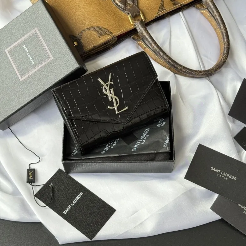 Saint Laurent Black Crocodile Embossed Wallet