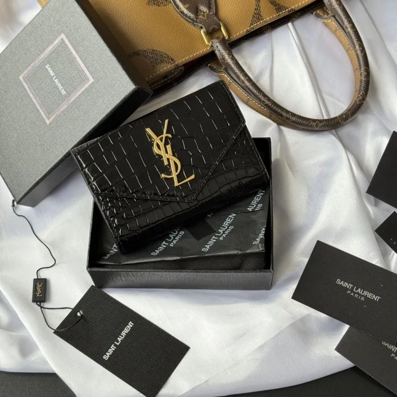 YSL Black Crocodile Embossed Leather Wallet
