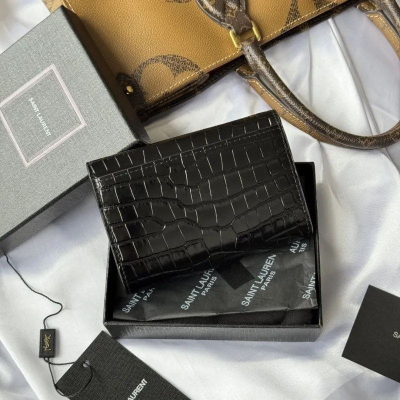 YSL Black Crocodile Embossed Leather Wallet - Image 3