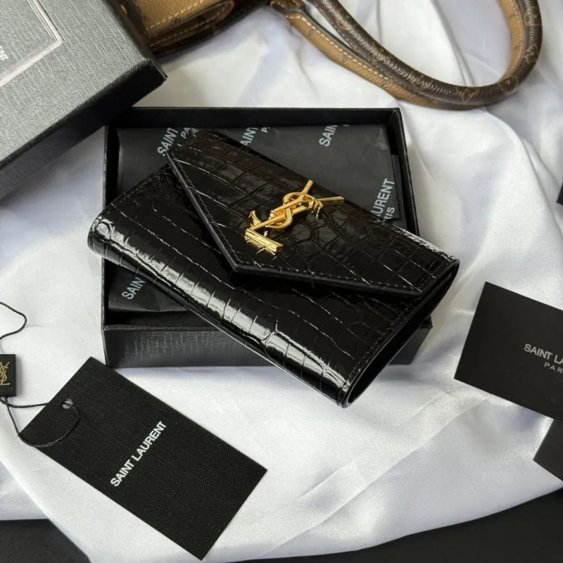 YSL Black Crocodile Embossed Leather Wallet - Image 4