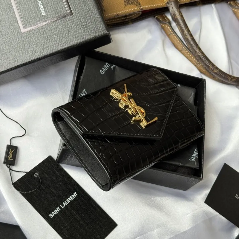 YSL Black Crocodile Embossed Leather Wallet - Image 5