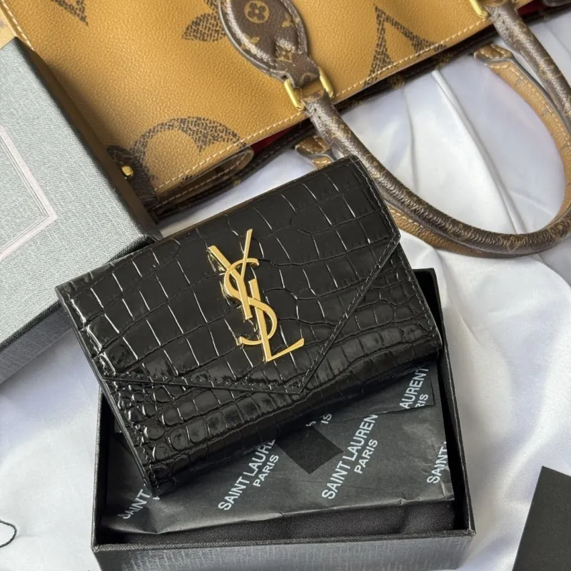YSL Black Crocodile Embossed Leather Wallet - Image 6