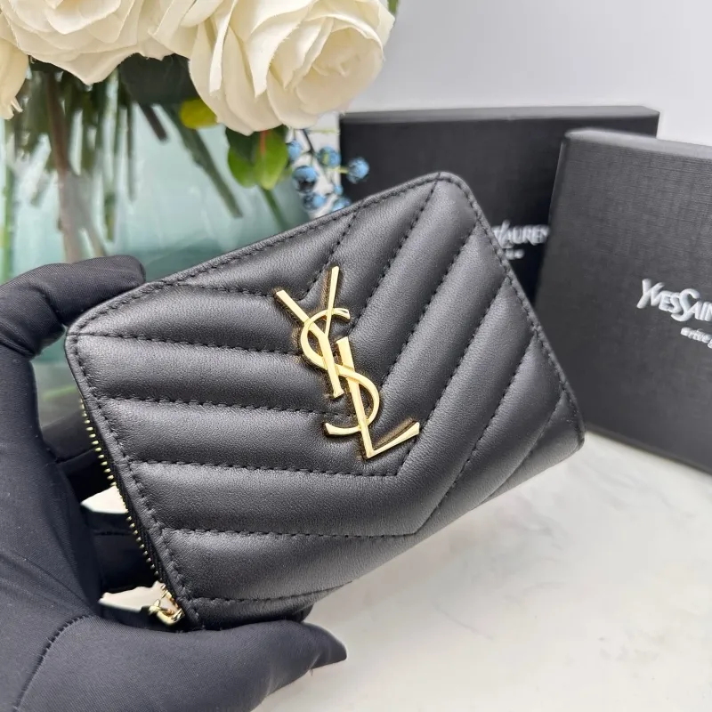 YSL Black Quilted Zip Wallet 64 - Image 4