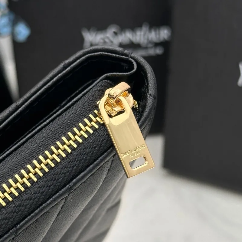 YSL Black Quilted Zip Wallet 64 - Image 6