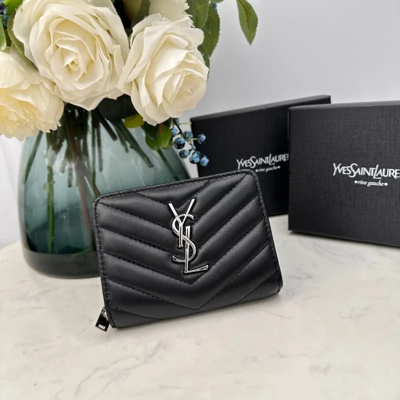 YSL Black Quilted Zip Compact Wallet