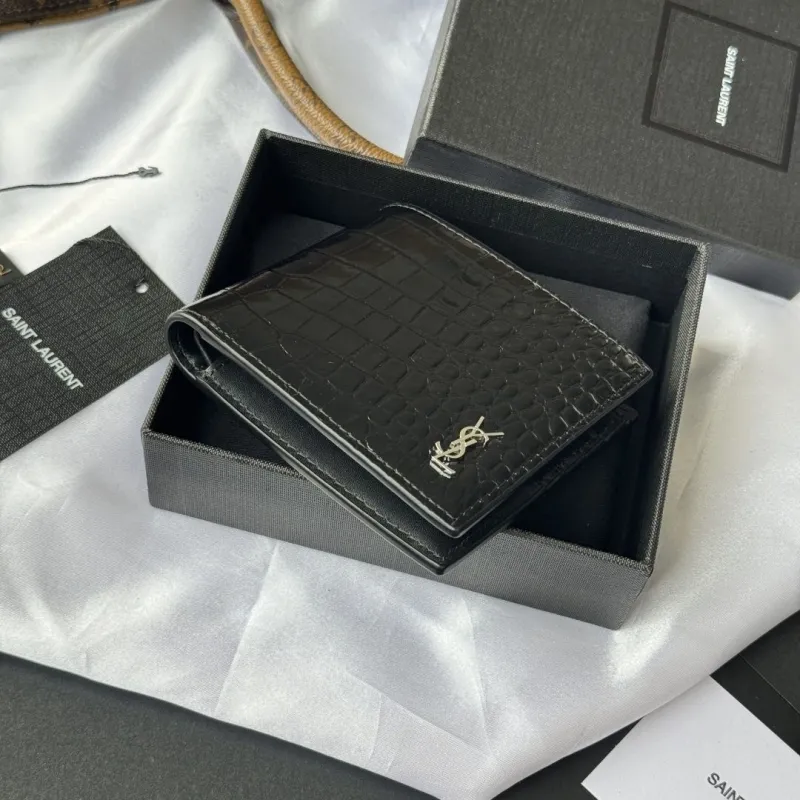 Saint Laurent Black Crocodile Embossed Bifold Wallet - Image 4