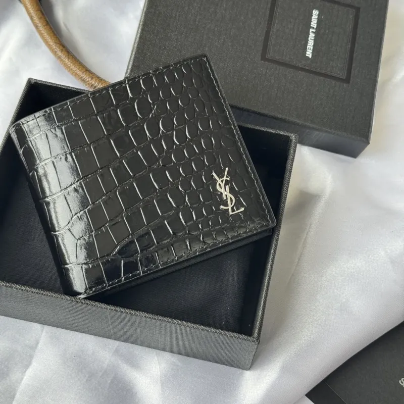 Saint Laurent Black Crocodile Embossed Bifold Wallet - Image 5