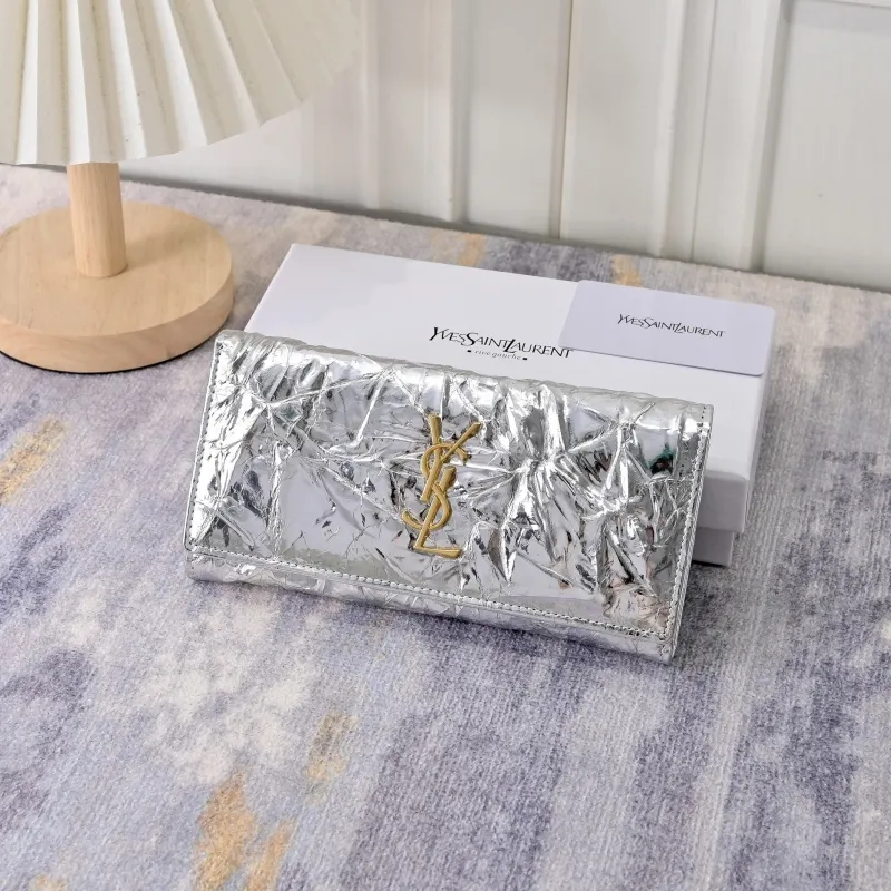 YSL Silver Metallic Leather Wallet