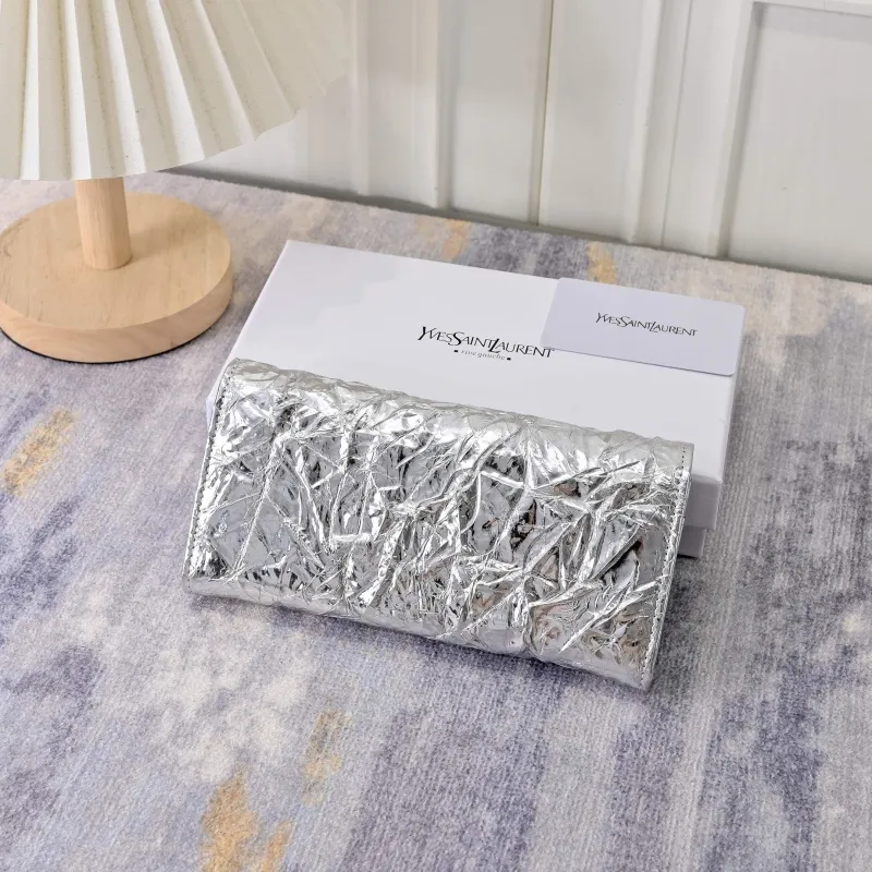 YSL Silver Metallic Leather Wallet - Image 4