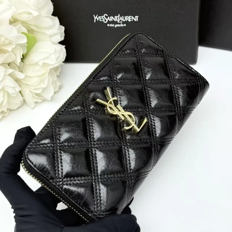 Yves Saint Laurent Black Quilted Leather Zip Around Wallet - Image 3