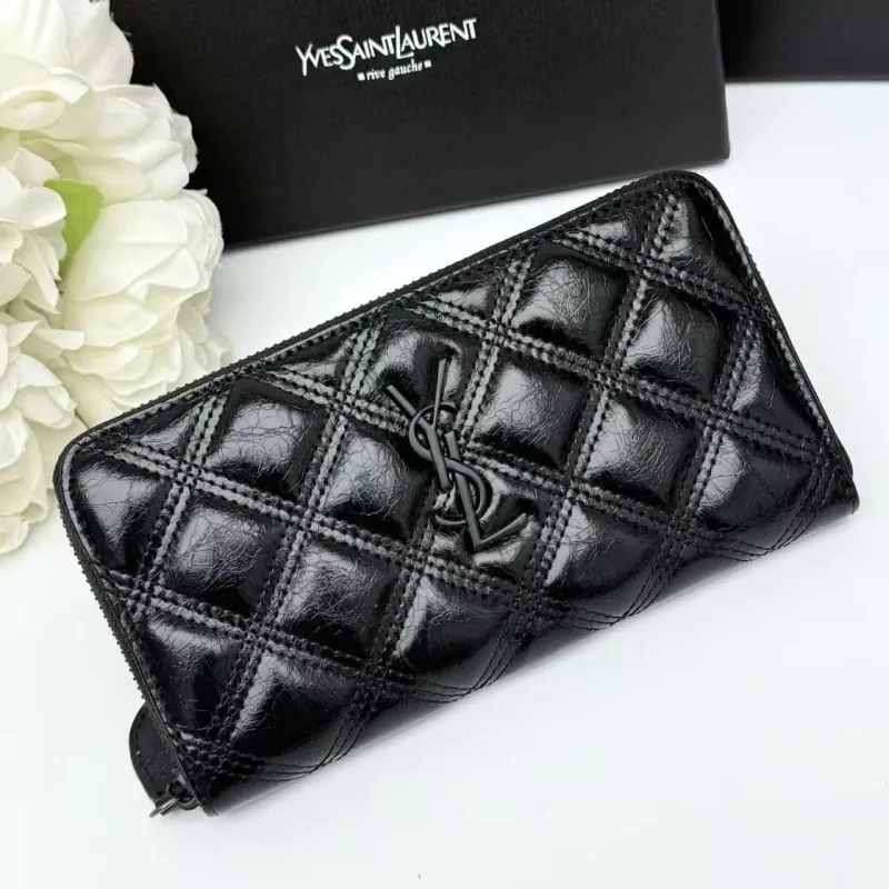 YSL Black Quilted Zip Around Leather Wallet
